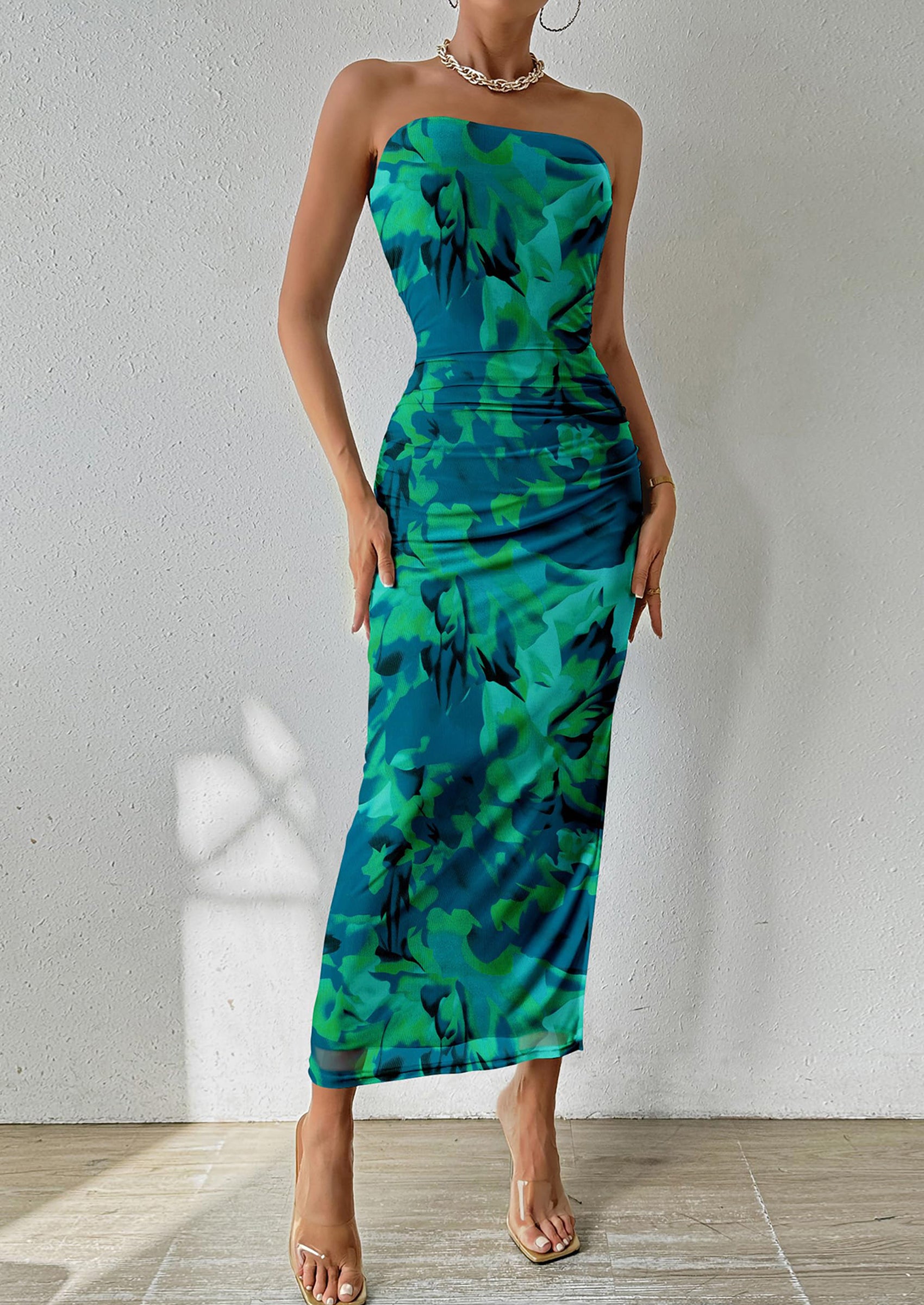 PRETTYGARDEN Women's Maxi Bodycon Dresses Strapless Tube Top Slit Floral Printed Party Club Long Dress