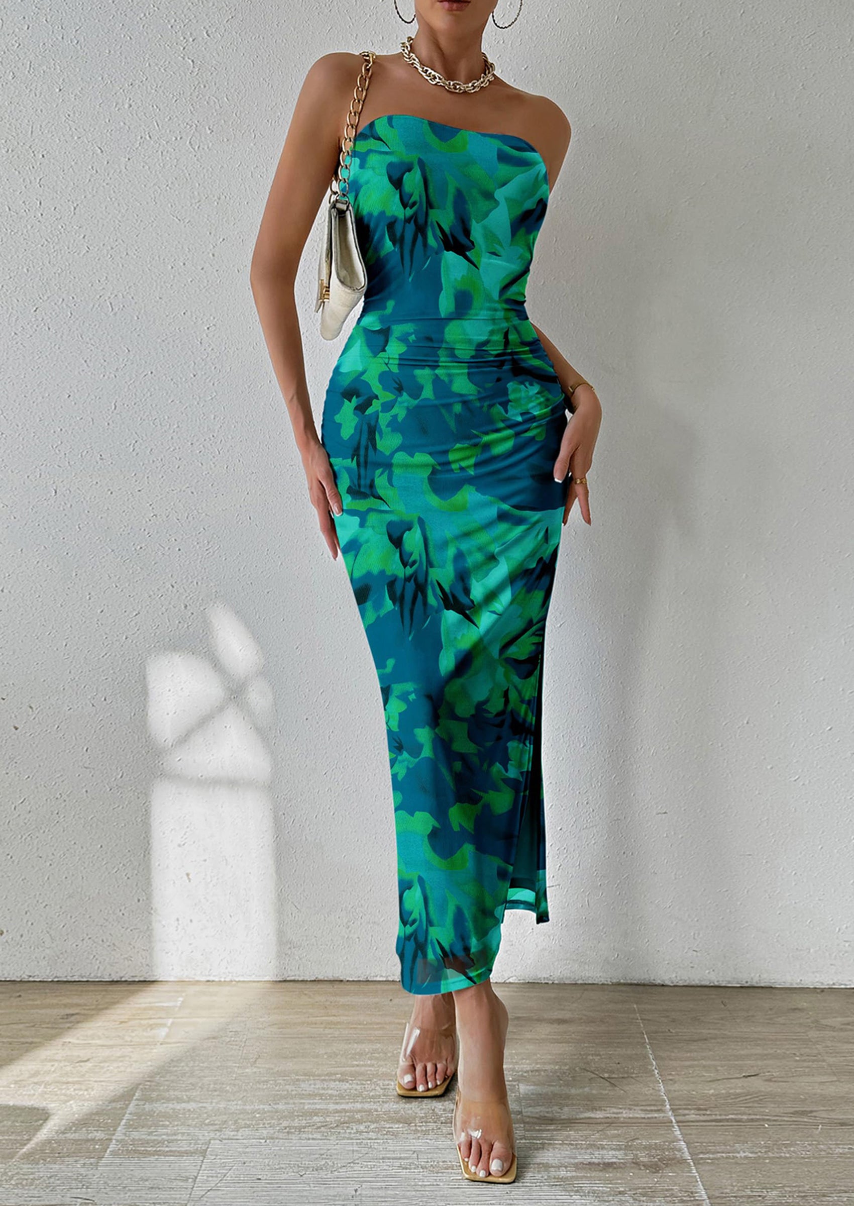 PRETTYGARDEN Women's Maxi Bodycon Dresses Strapless Tube Top Slit Floral Printed Party Club Long Dress