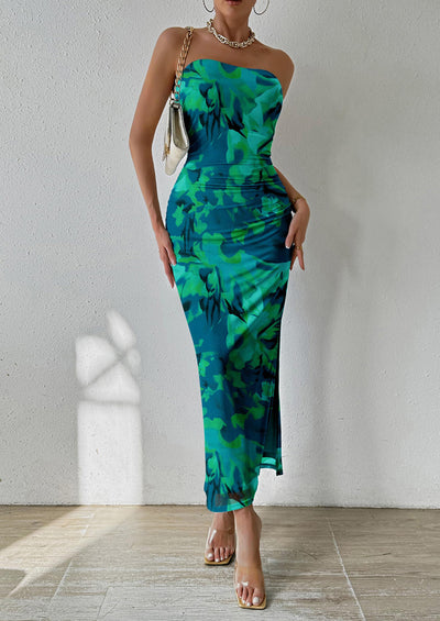 PRETTYGARDEN Women's Maxi Bodycon Dresses Strapless Tube Top Slit Floral Printed Party Club Long Dress