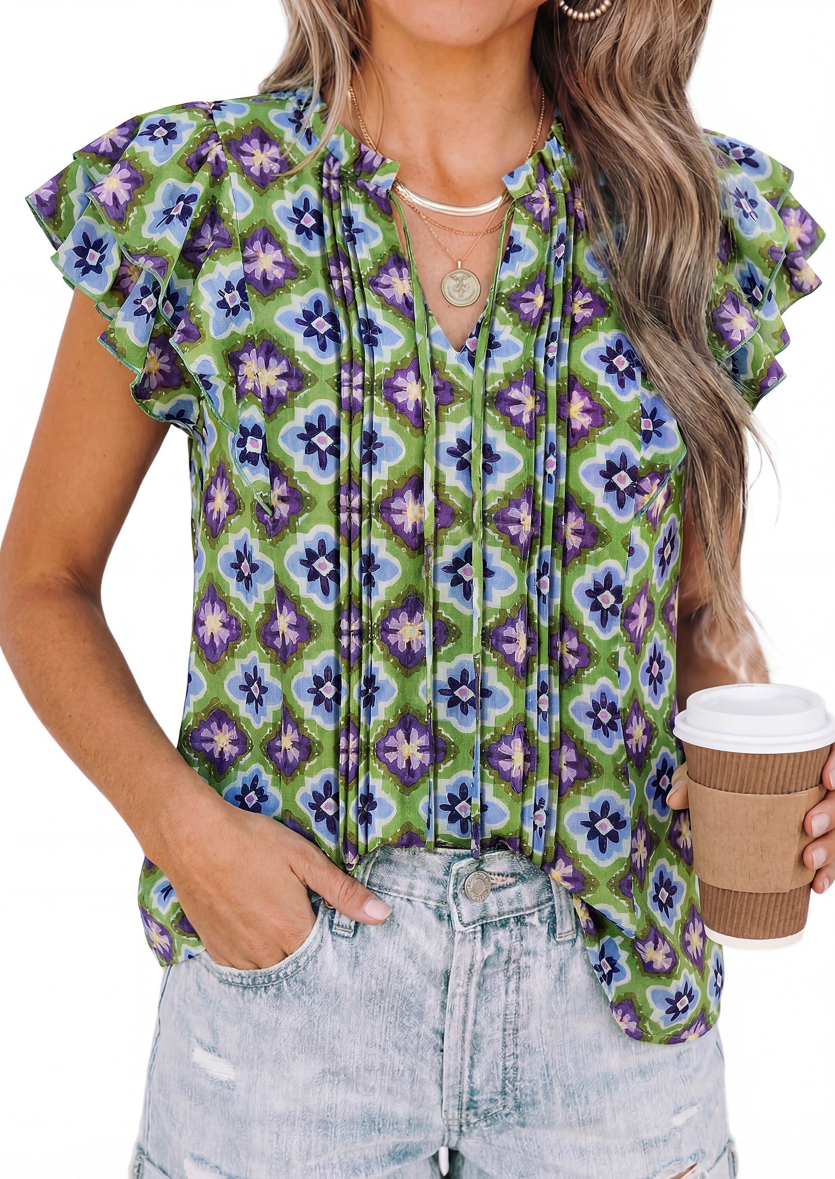 PRETTYGARDEN Womens Summer Boho Tops Trendy 2026 V Neck Flutter Short Sleeve Floral Casual Dressy Blouses Shirts Spring Clothes PRETTYGARDEN