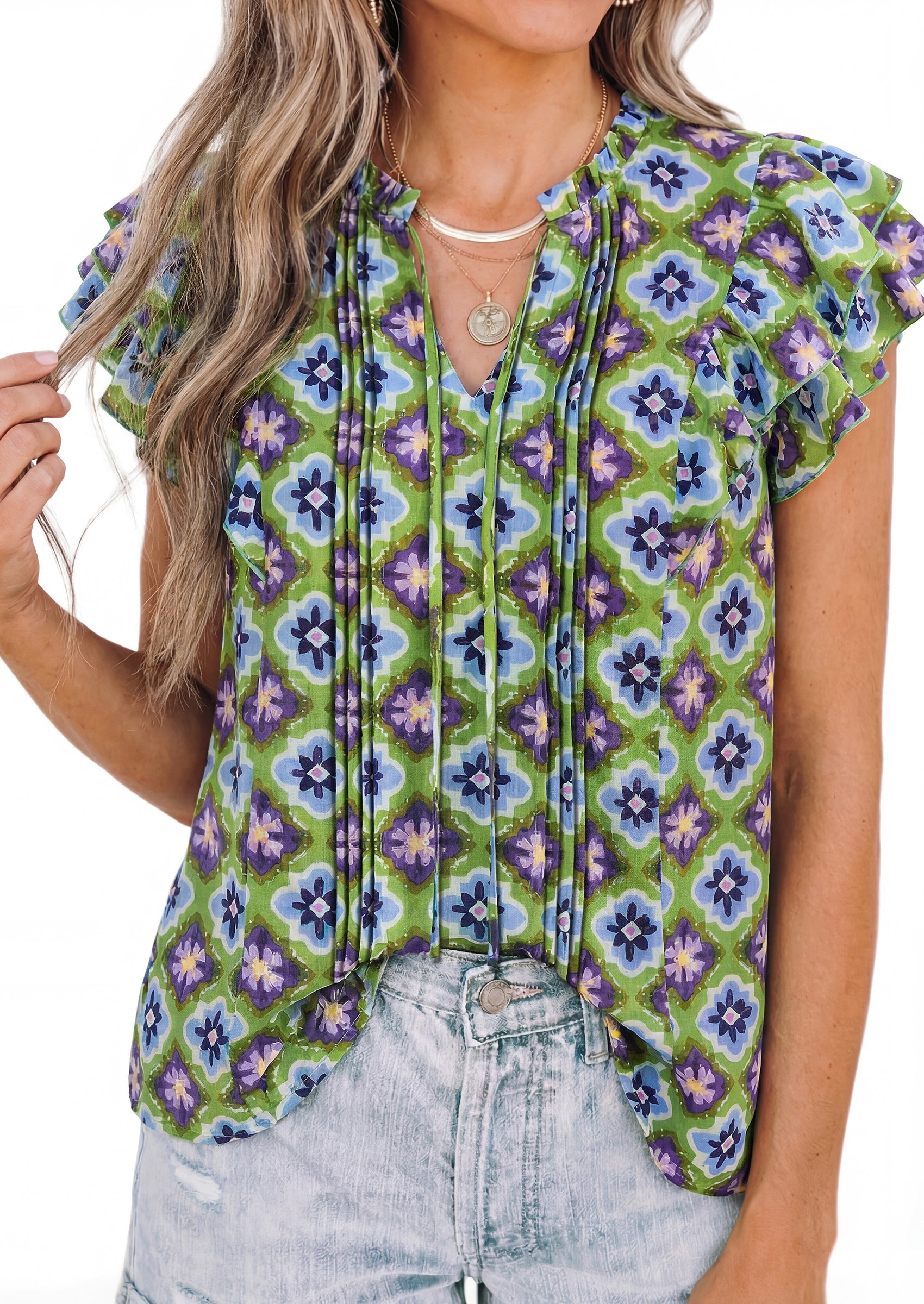 PRETTYGARDEN Womens Summer Boho Tops Trendy 2026 V Neck Flutter Short Sleeve Floral Casual Dressy Blouses Shirts Spring Clothes PRETTYGARDEN