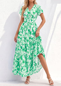 PRETTYGARDEN Women Summer Maxi Dresses Short Sleeve V Neck Button Floral Tiered Flowy Boho Sundress Beach Outfits