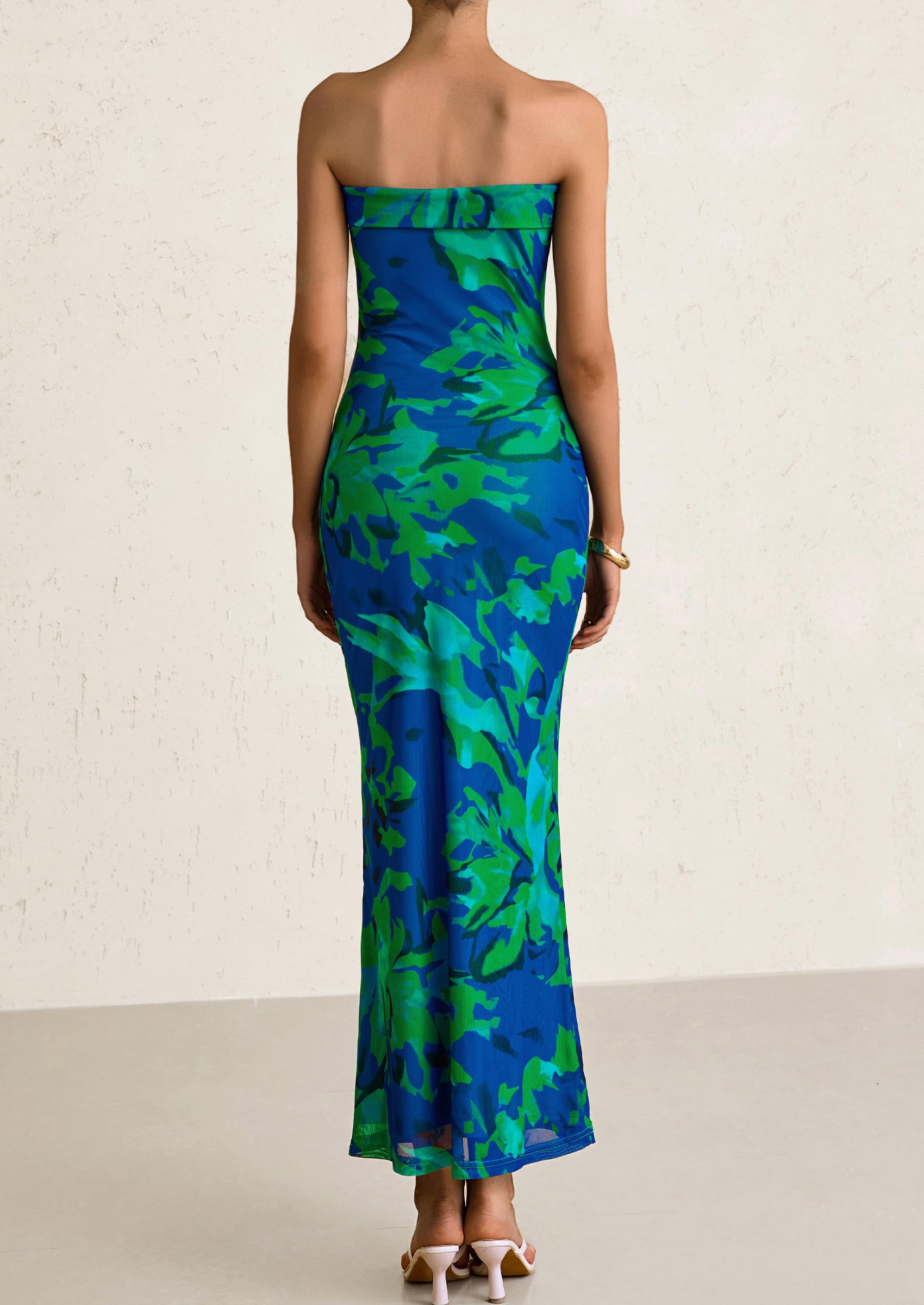 PRETTYGARDEN Womens Printed Tube Maxi Dress Strapless Bodycon Sleeveless Night Out Long Dresses