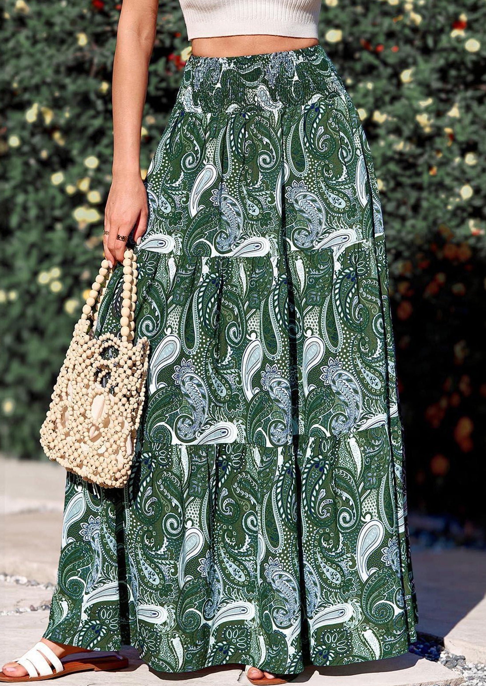 PRETTYGARDEN Floral Summer Boho Maxi Skirts for Women Smocked Elastic Waist Pleated Tiered Vacation Flowy Long Skirt PRETTYGARDEN