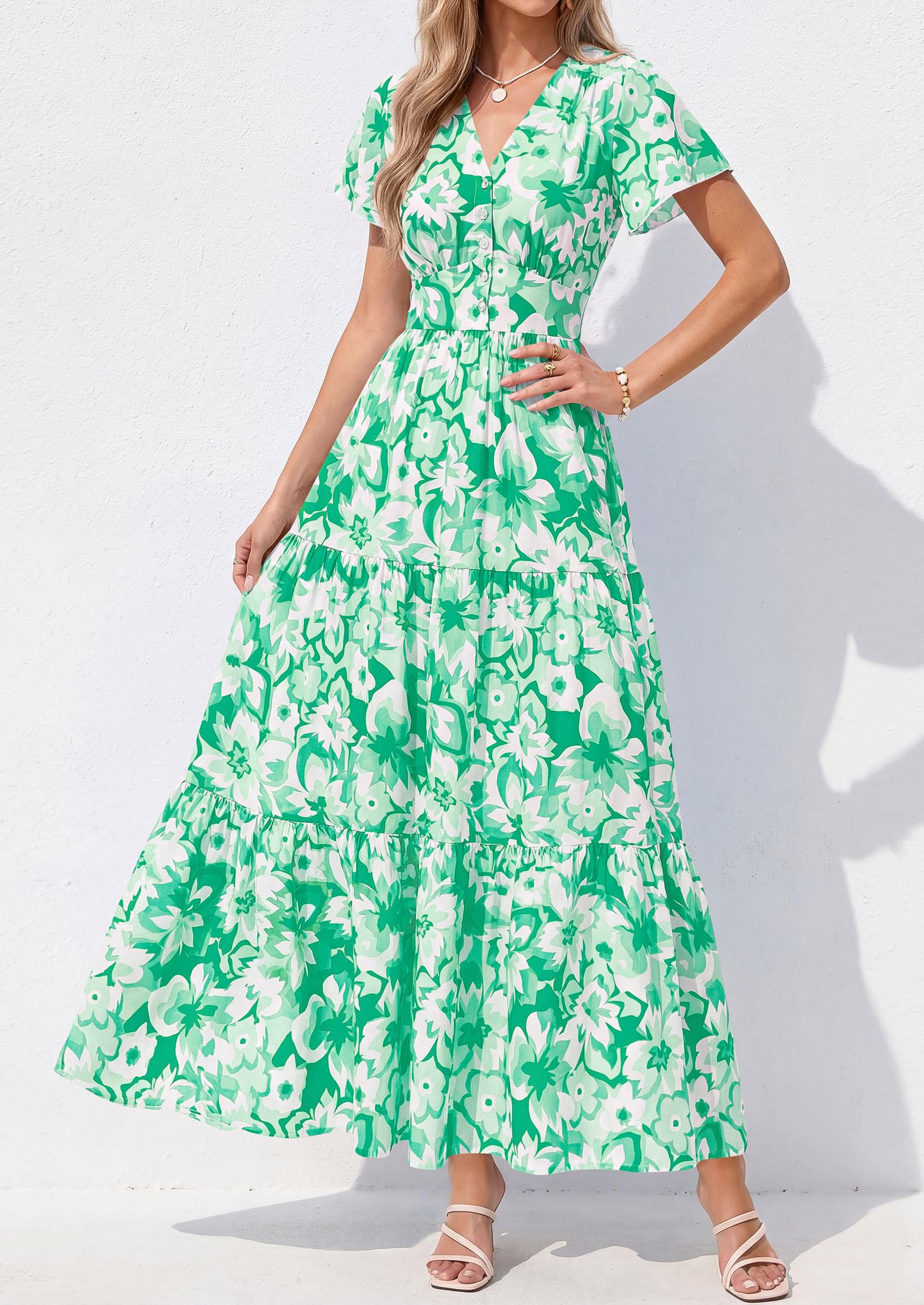 PRETTYGARDEN Women Summer Maxi Dresses Short Sleeve V Neck Button Floral Tiered Flowy Boho Sundress Beach Outfits