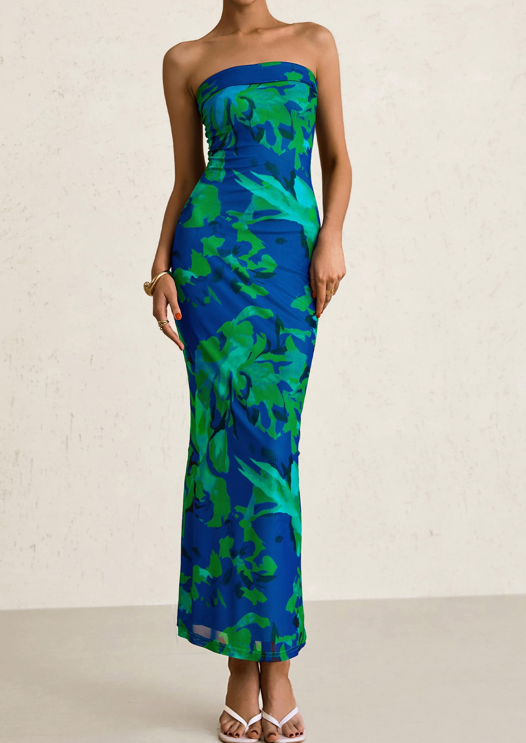 PRETTYGARDEN Womens Printed Tube Maxi Dress Strapless Bodycon Sleeveless Night Out Long Dresses