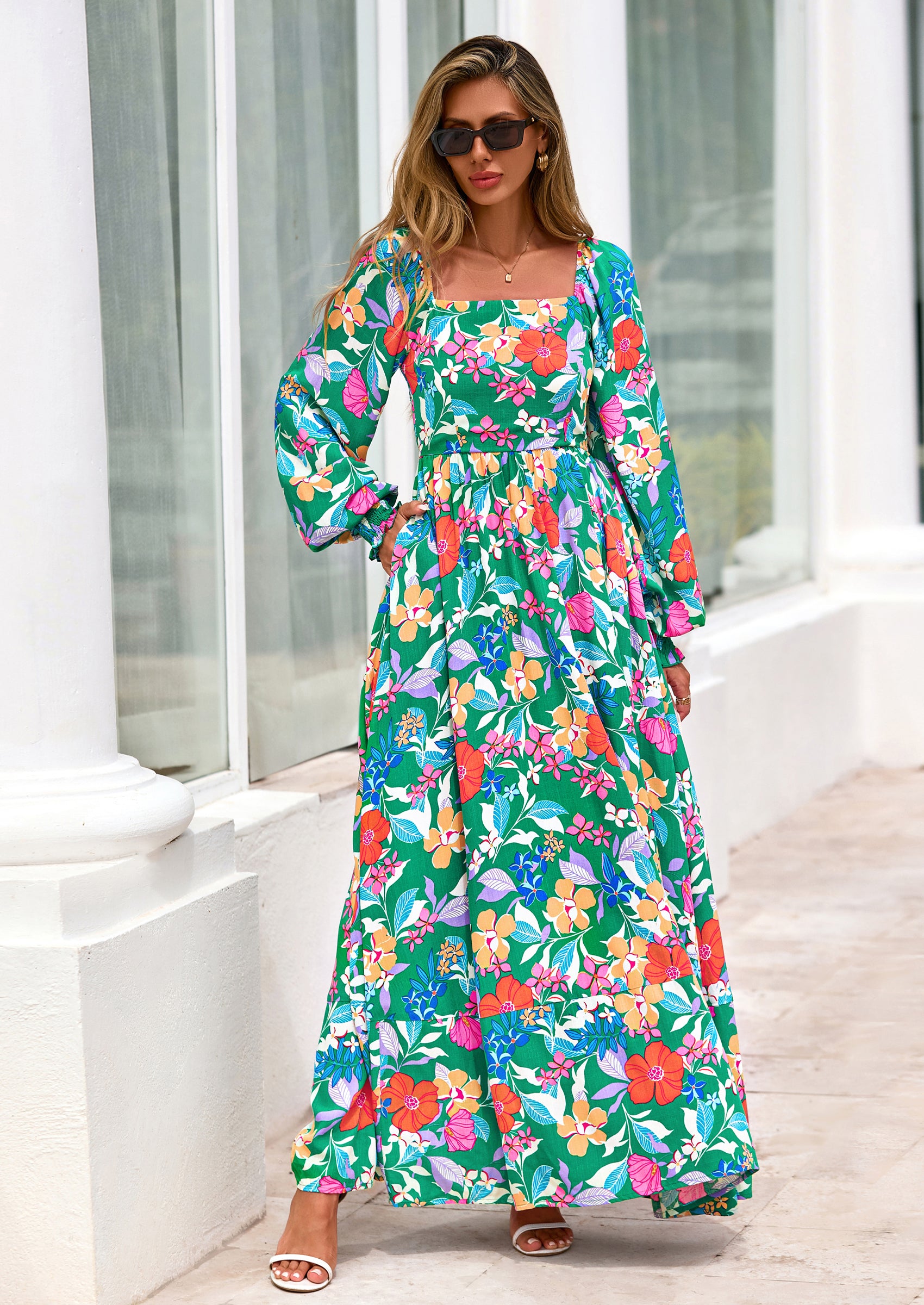PRETTYGARDEN Women Floral Maxi Dresses Spring Long Sleeve Square Neck Boho A Line Wedding Guest Casual Flowy Long Dress