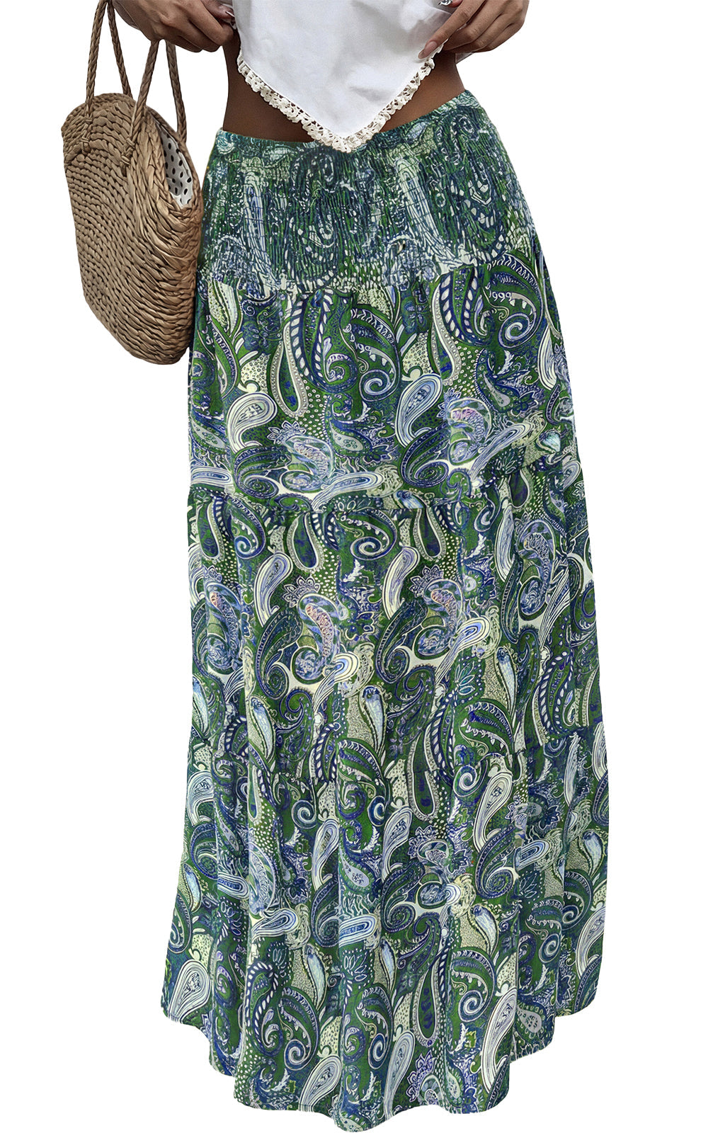 PRETTYGARDEN Floral Summer Boho Maxi Skirts for Women 2026 Smocked Elastic Waist Pleated Tiered Vacation Flowy Long Skirt PRETTYGARDEN