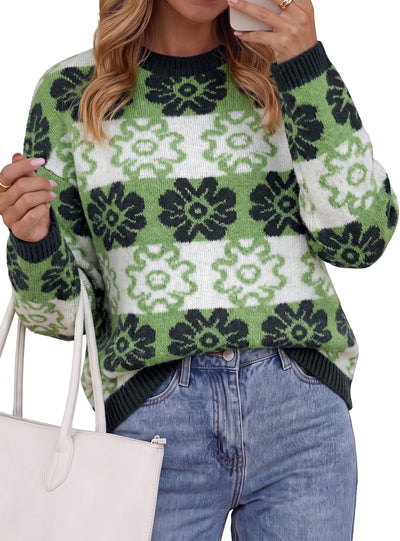 PRETTYGARDEN Women's Floral Crewneck Sweater Knit Pullover  Loose Fit, Chunky Knit Sweaters Tops, Dressy Casual Work Vacation Holiday Outfits, Womens Fall Fashion, Winter Clothes