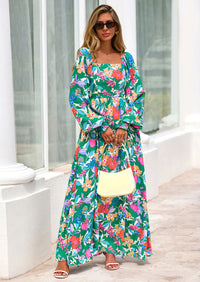 PRETTYGARDEN Women Floral Maxi Dresses Spring Long Sleeve Square Neck Boho A Line Wedding Guest Casual Flowy Long Dress