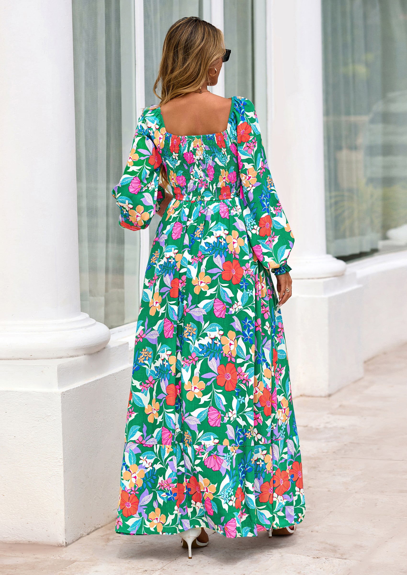 PRETTYGARDEN Women Floral Maxi Dresses Spring Long Sleeve Square Neck Boho A Line Wedding Guest Casual Flowy Long Dress