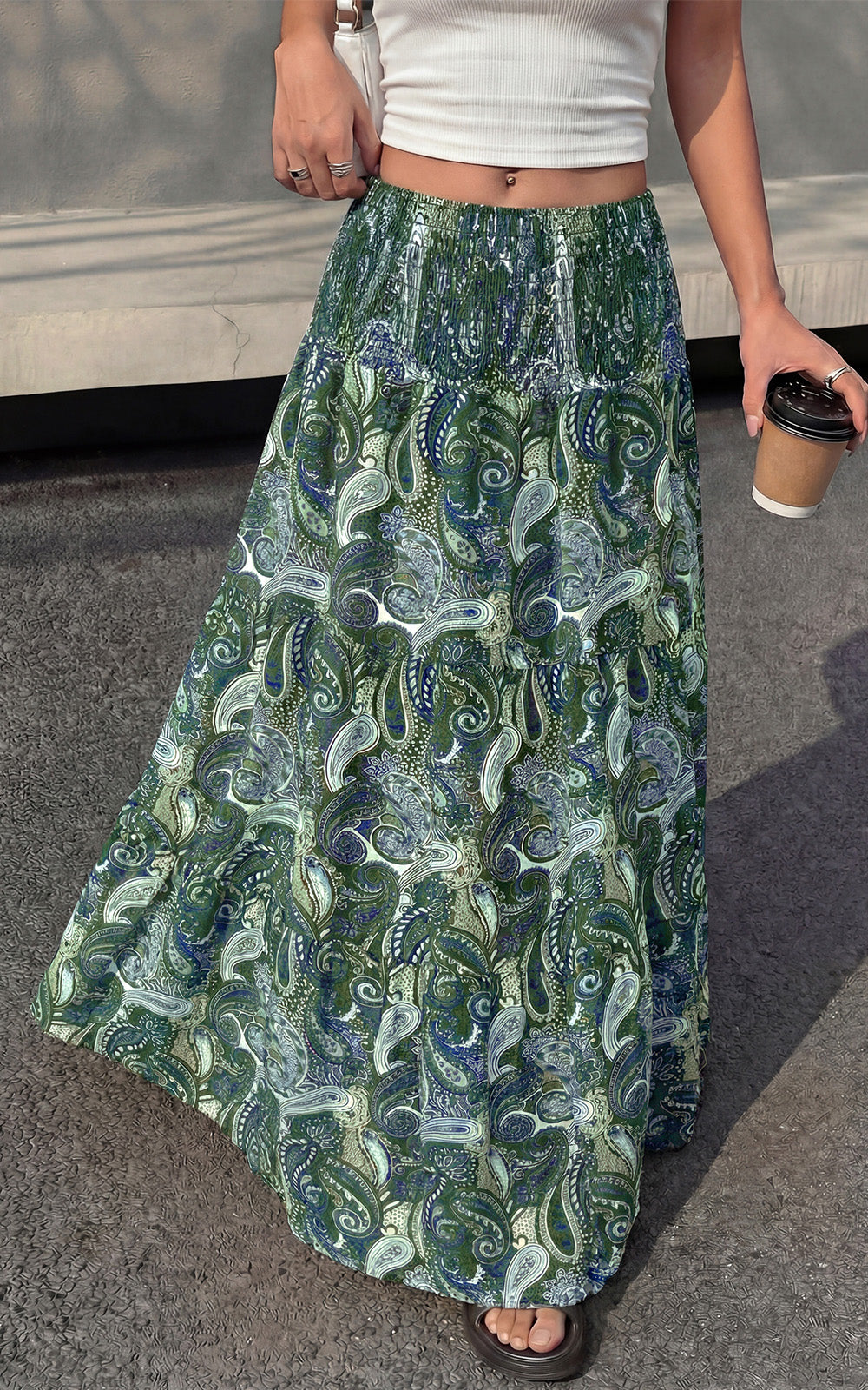 PRETTYGARDEN Floral Summer Boho Maxi Skirts for Women 2026 Smocked Elastic Waist Pleated Tiered Vacation Flowy Long Skirt PRETTYGARDEN