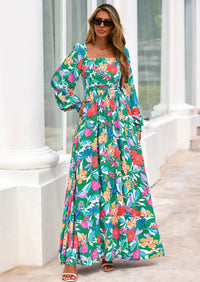 PRETTYGARDEN Women Floral Maxi Dresses Spring Long Sleeve Square Neck Boho A Line Wedding Guest Casual Flowy Long Dress
