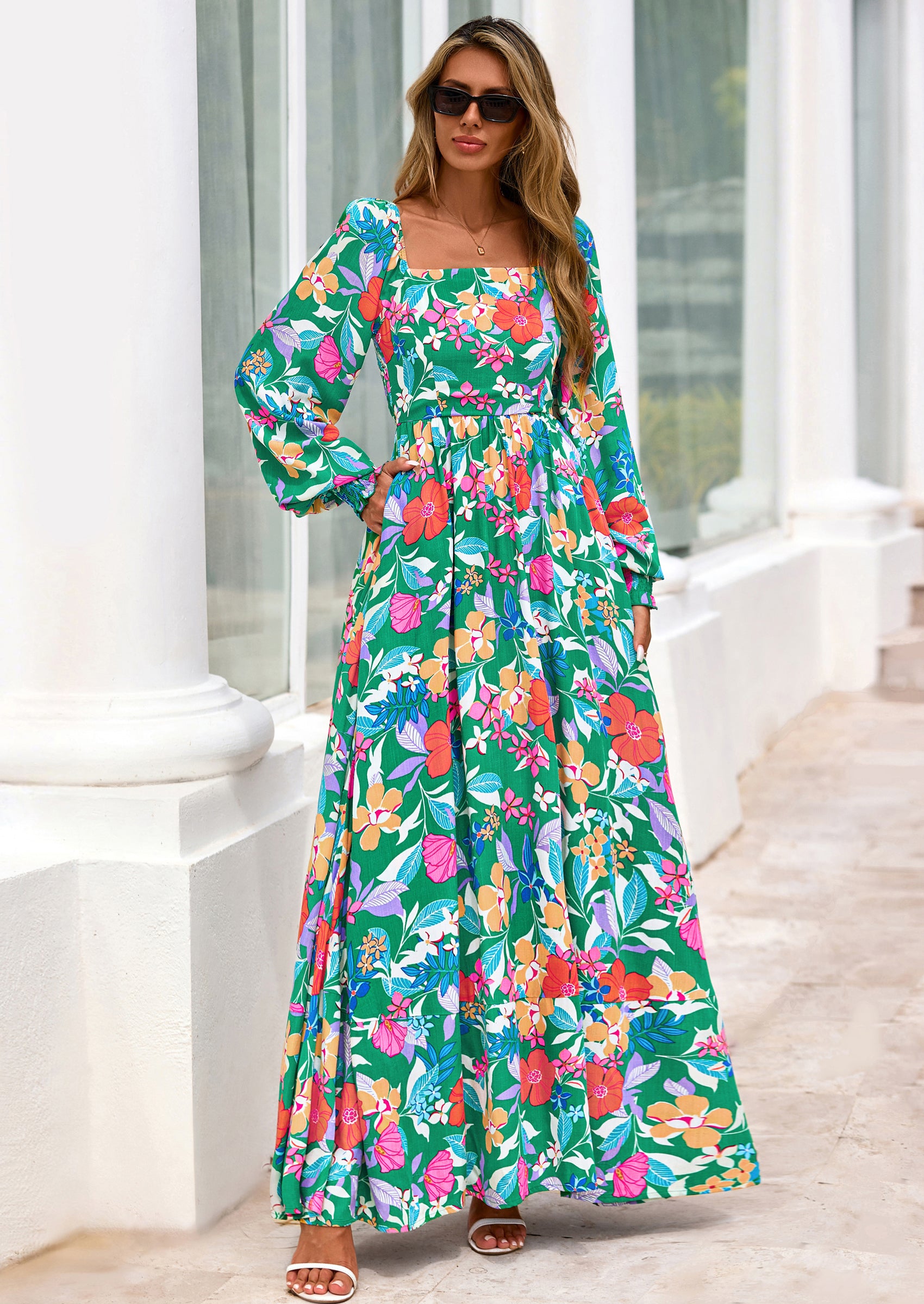 PRETTYGARDEN Women Floral Maxi Dresses Spring Long Sleeve Square Neck Boho A Line Wedding Guest Casual Flowy Long Dress