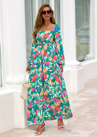 PRETTYGARDEN Women Floral Maxi Dresses Spring Long Sleeve Square Neck Boho A Line Wedding Guest Casual Flowy Long Dress