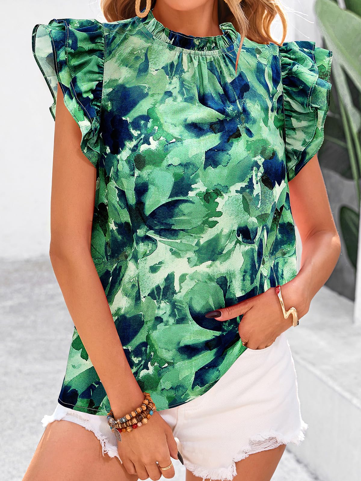 PRETTYGARDEN Women's Ruffle Short Sleeve Summer Tops Trendy Floral Trim Neck Casual Dressy Chiffon Boho Blouses Shirts PRETTYGARDEN