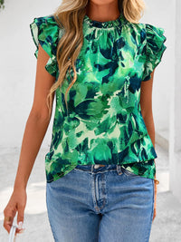 PRETTYGARDEN Women's Ruffle Short Sleeve Summer Tops Trendy Floral Trim Neck Casual Dressy Chiffon Boho Blouses Shirts PRETTYGARDEN