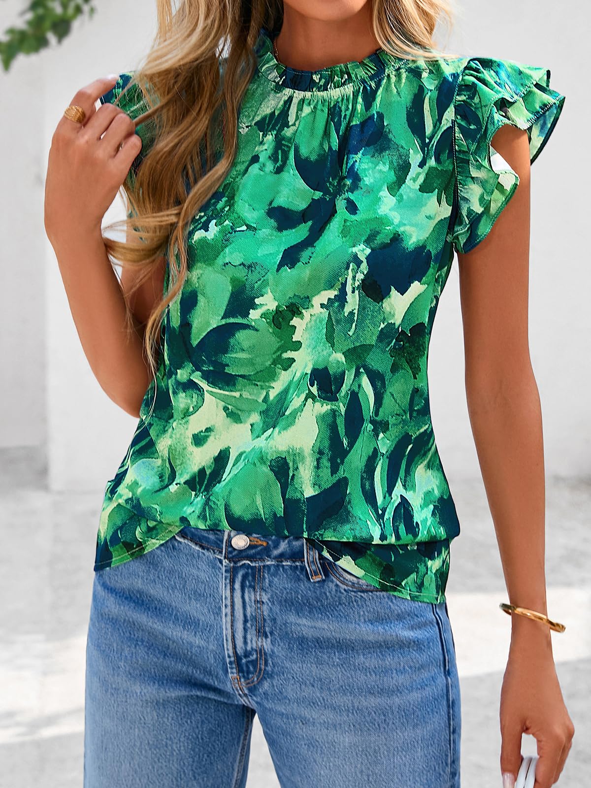 PRETTYGARDEN Women's Ruffle Short Sleeve Summer Tops Trendy Floral Trim Neck Casual Dressy Chiffon Boho Blouses Shirts PRETTYGARDEN