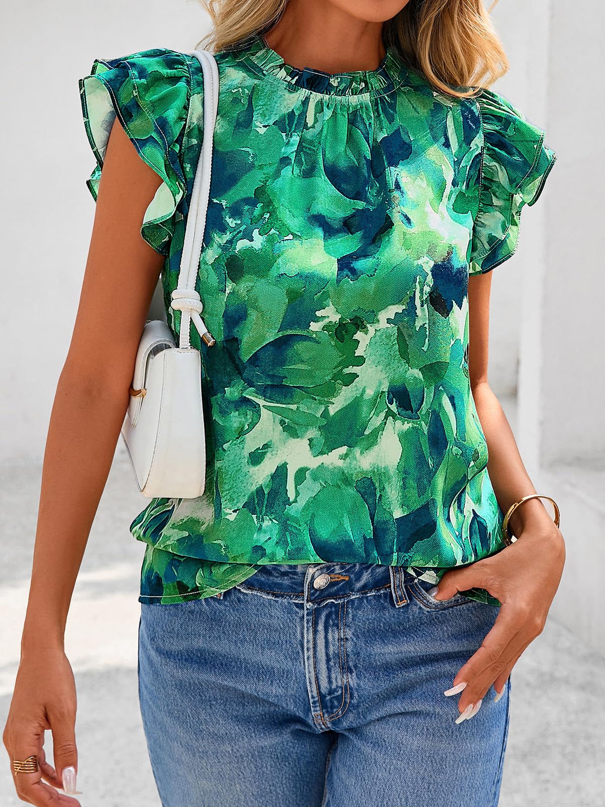 PRETTYGARDEN Women's Ruffle Short Sleeve Summer Tops Trendy Floral Trim Neck Casual Dressy Chiffon Boho Blouses Shirts PRETTYGARDEN