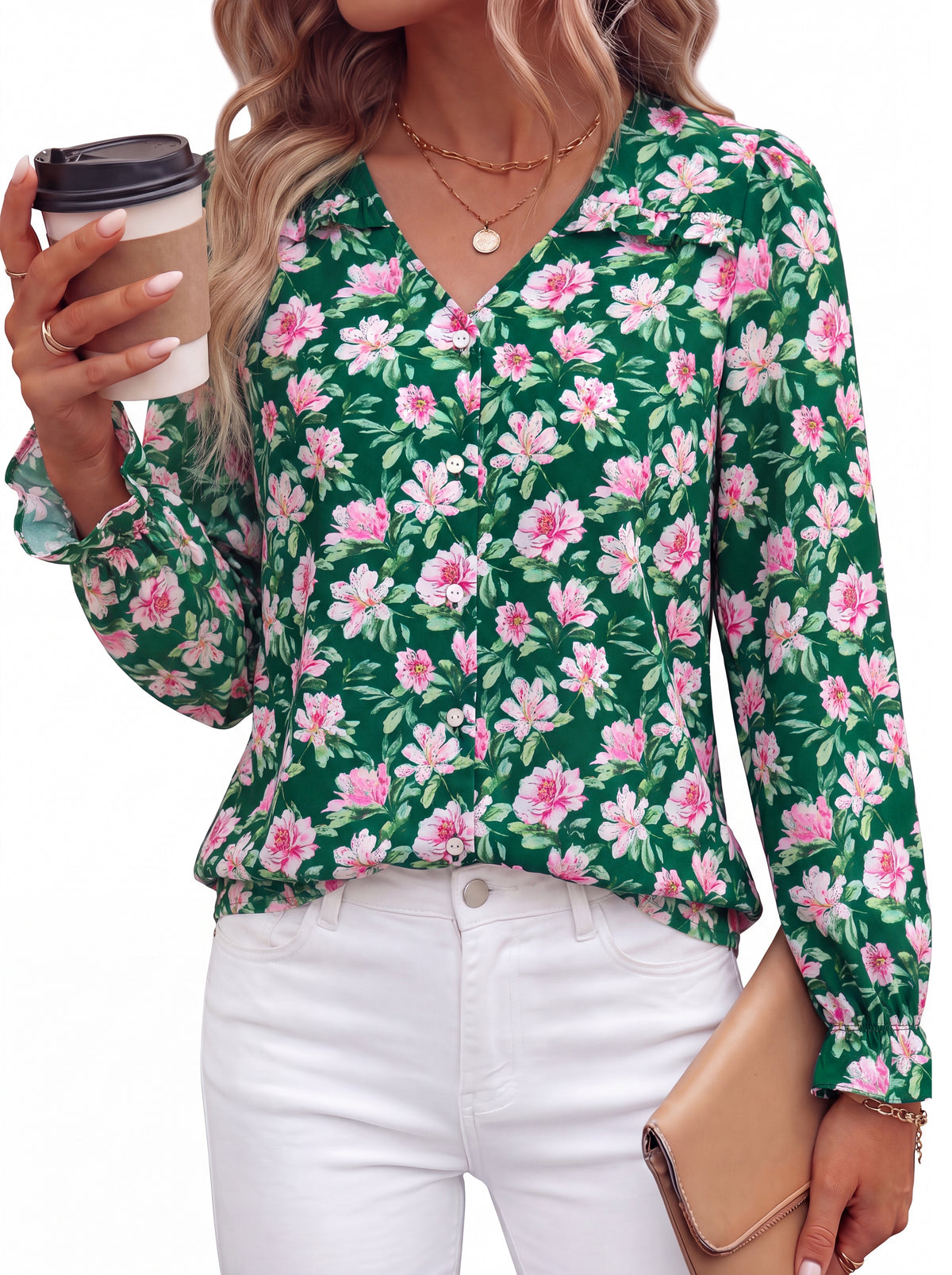 PRETTYGARDEN Women's Long Sleeve V Neck Blouses Casual Dressy Boho Tops  Ruffle Cuffs, Button Down Shirts, Lightweight Flowy Tops, Chiffon Work Blouses, Business Casual Vacation Outfits 2026