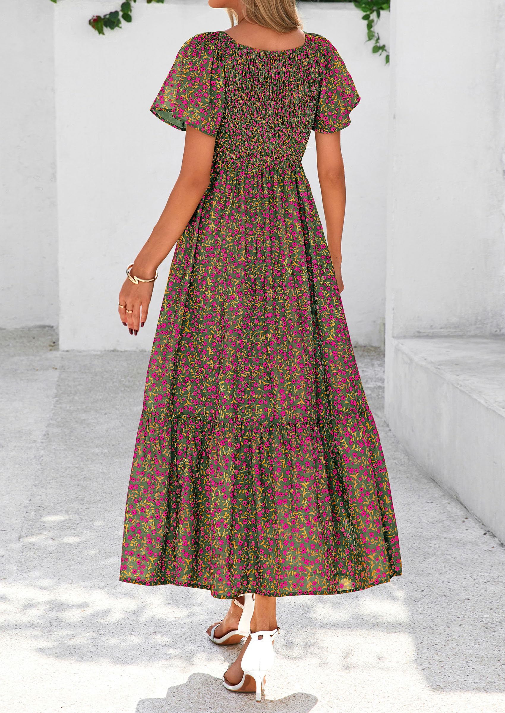 PRETTYGARDEN Women Floral Boho Maxi Dresses Short Sleeve V Neck Smocked A Line Long Flowy Beach Vacation Dress