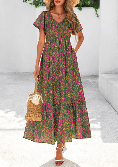 PRETTYGARDEN Women Floral Boho Maxi Dresses Short Sleeve V Neck Smocked A Line Long Flowy Beach Vacation Dress