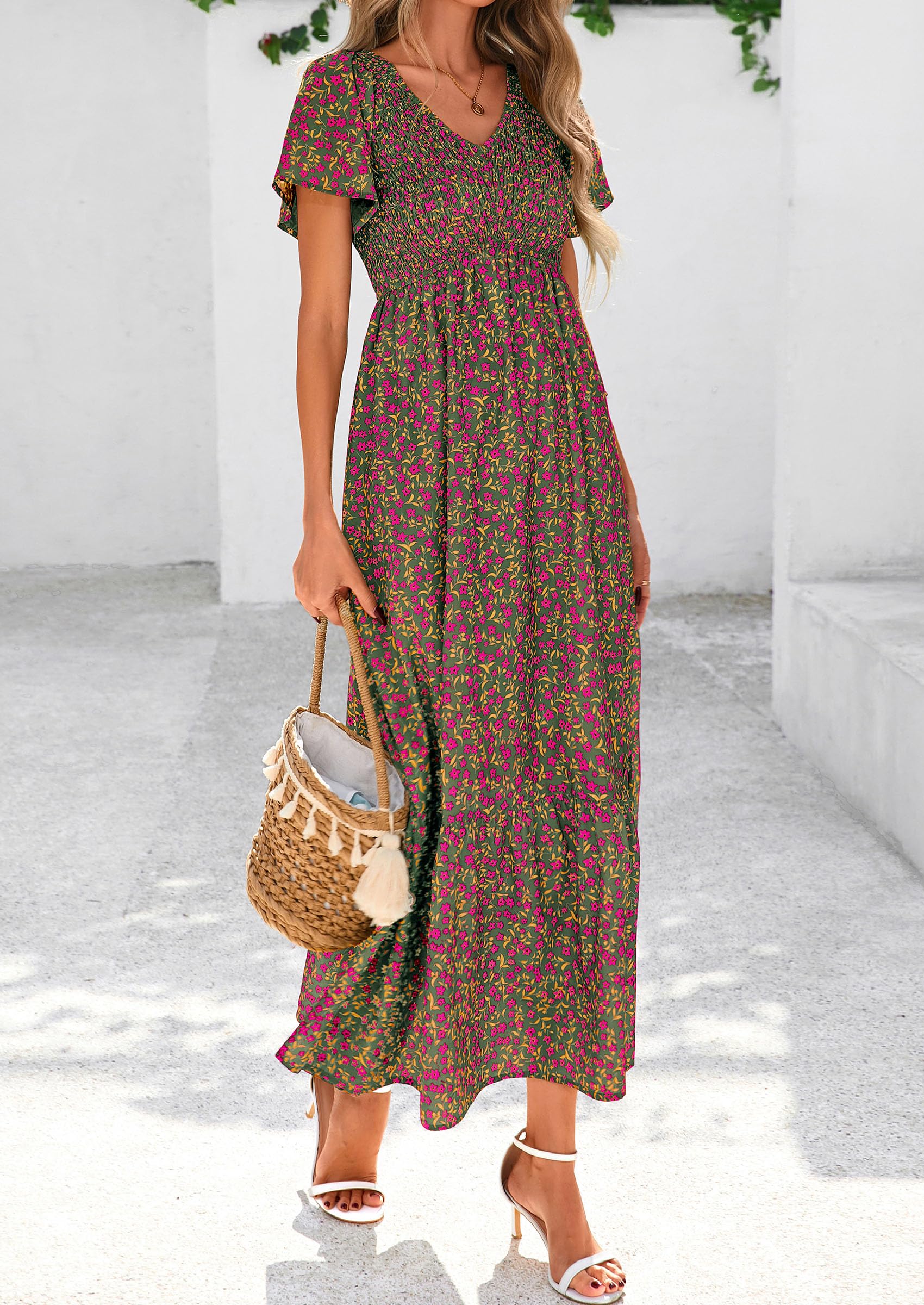 PRETTYGARDEN Women Floral Boho Maxi Dresses Short Sleeve V Neck Smocked A Line Long Flowy Beach Vacation Dress