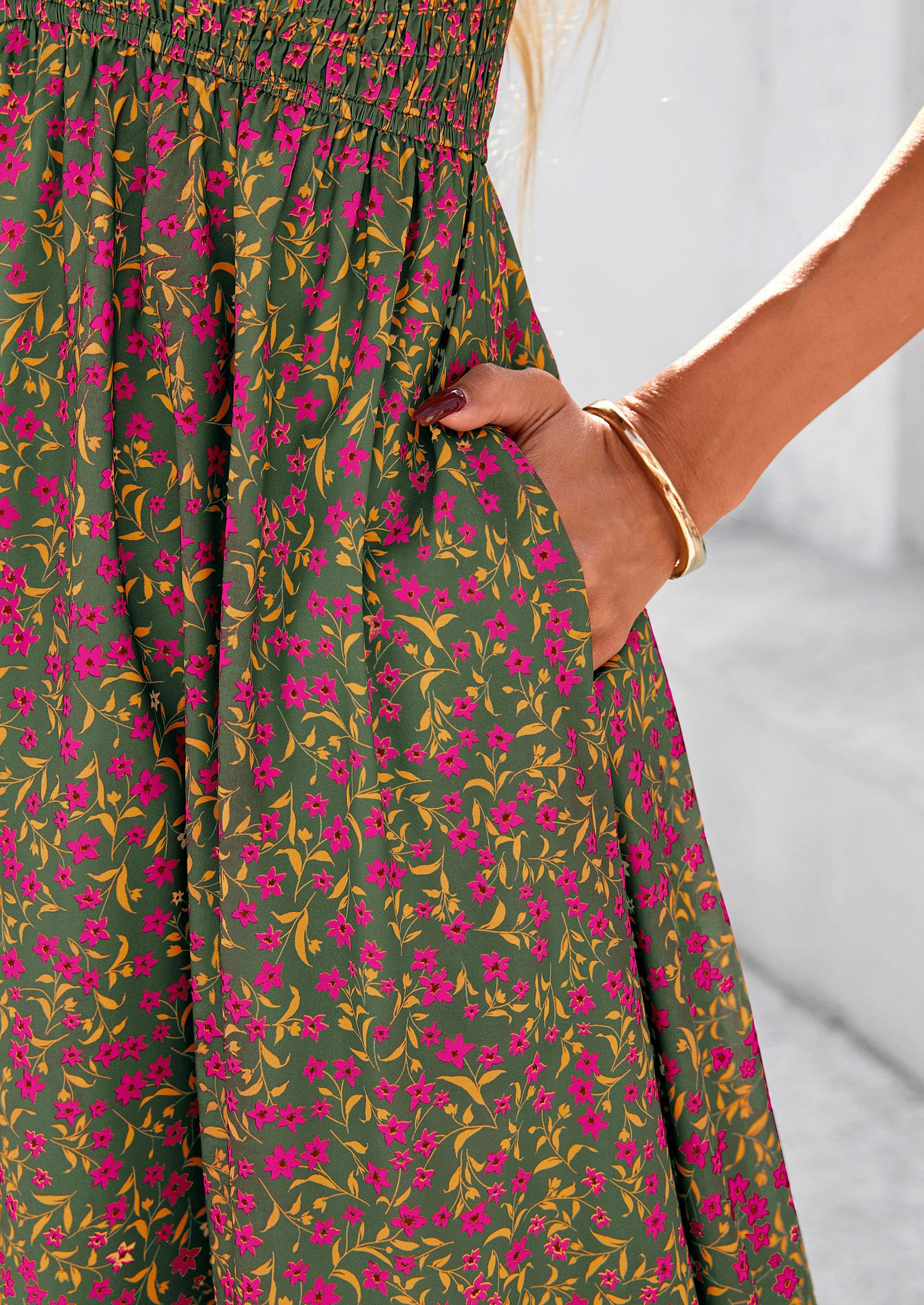 PRETTYGARDEN Women Floral Boho Maxi Dresses Short Sleeve V Neck Smocked A Line Long Flowy Beach Vacation Dress