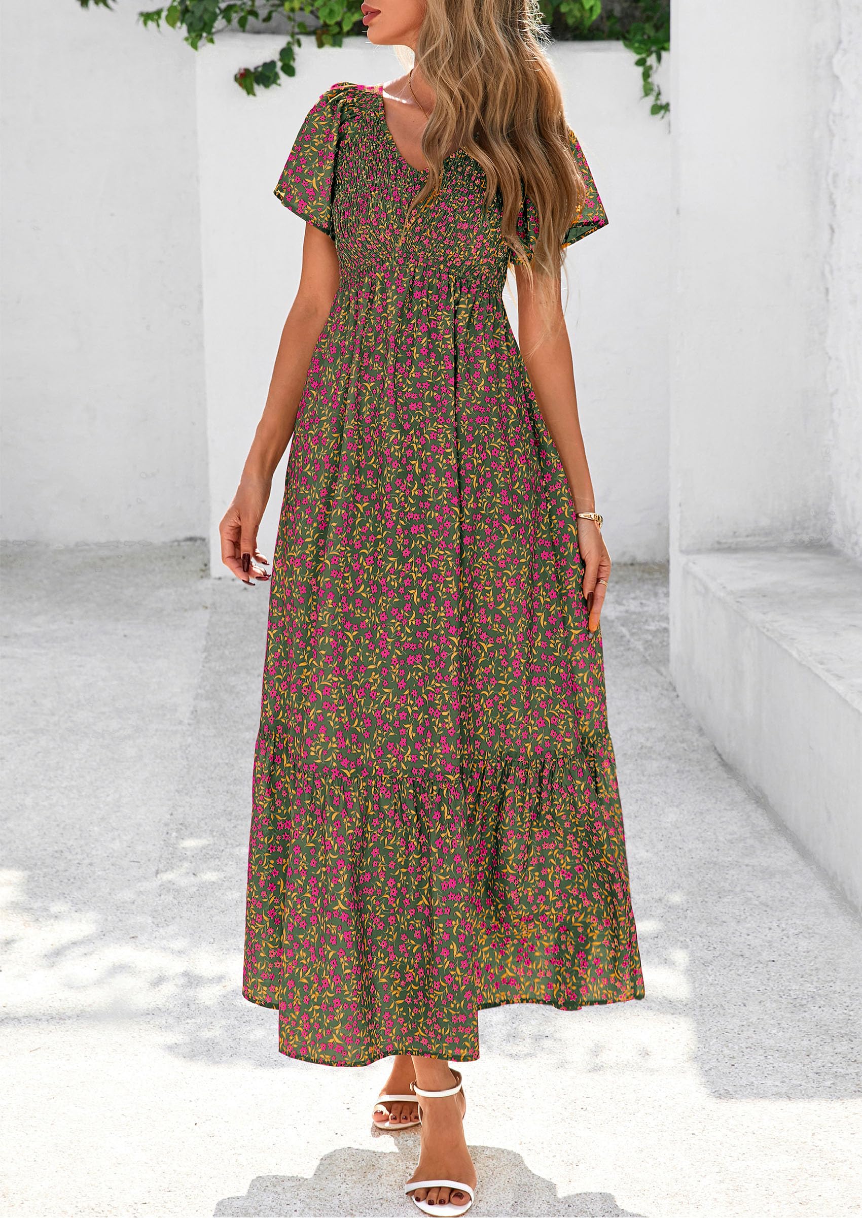 PRETTYGARDEN Women Floral Boho Maxi Dresses Short Sleeve V Neck Smocked A Line Long Flowy Beach Vacation Dress