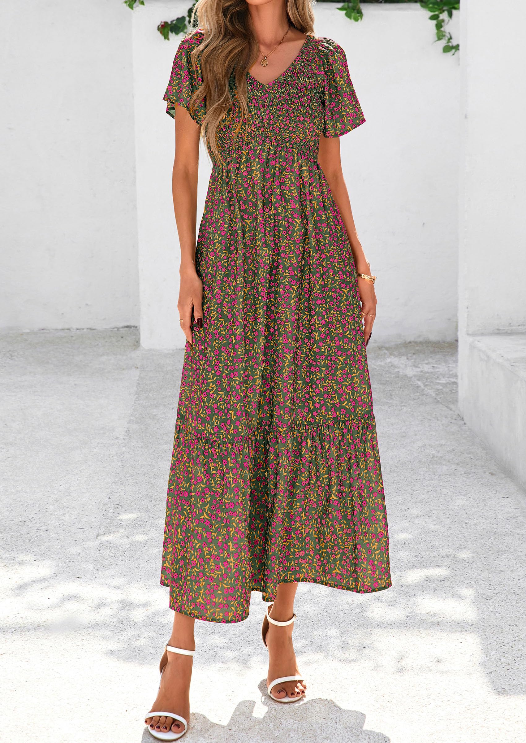 PRETTYGARDEN Women Floral Boho Maxi Dresses Short Sleeve V Neck Smocked A Line Long Flowy Beach Vacation Dress