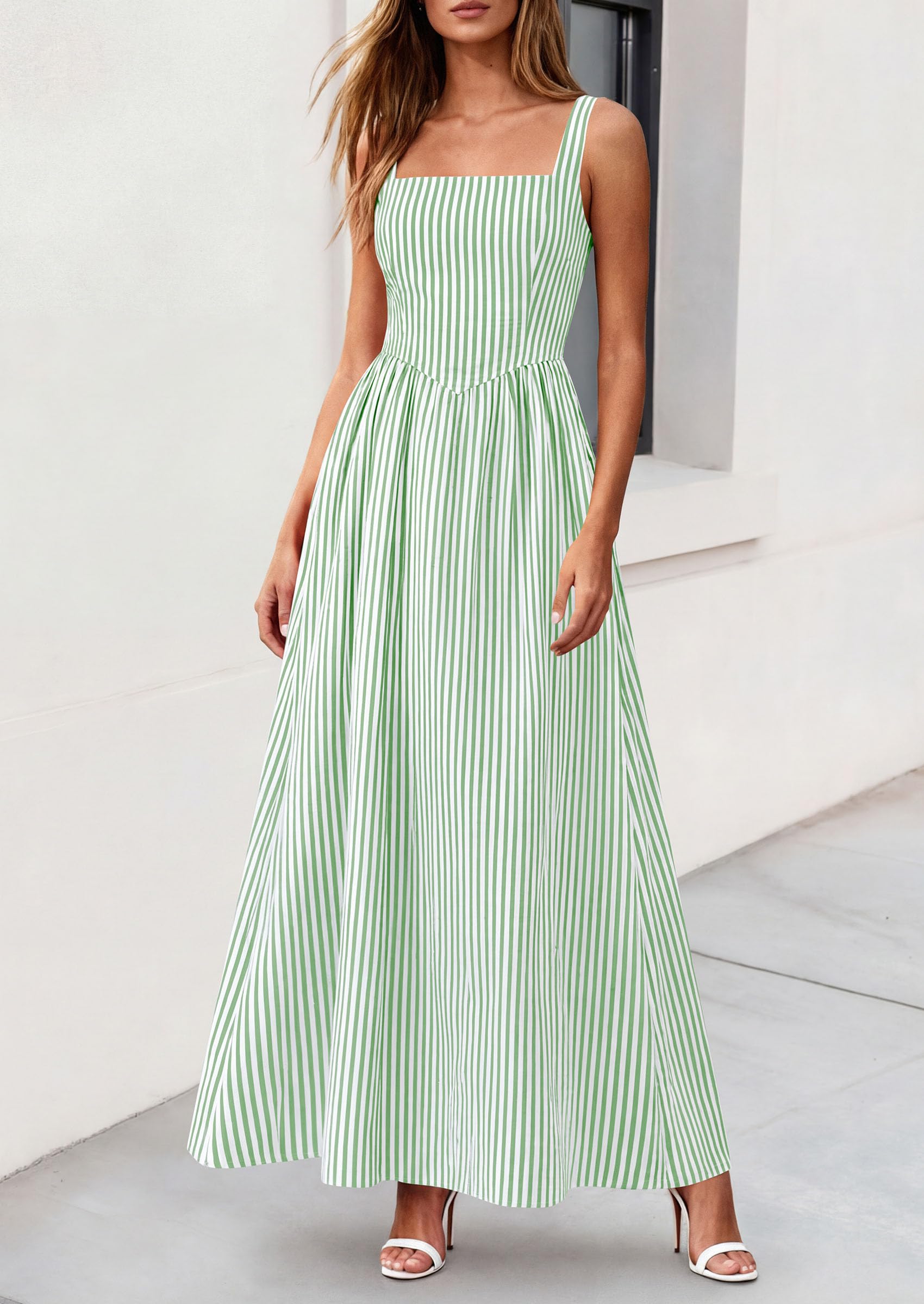 PRETTYGARDEN Women's Maxi Striped Dress Summer Sleeveless Square Neck Smocked A Line Long Flowy Spring Vacation Sundress PRETTYGARDEN
