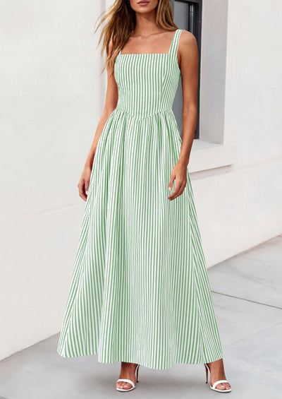 PRETTYGARDEN Women's Maxi Striped Dress Summer Sleeveless Square Neck Smocked A Line Long Flowy Spring Vacation Sundress PRETTYGARDEN