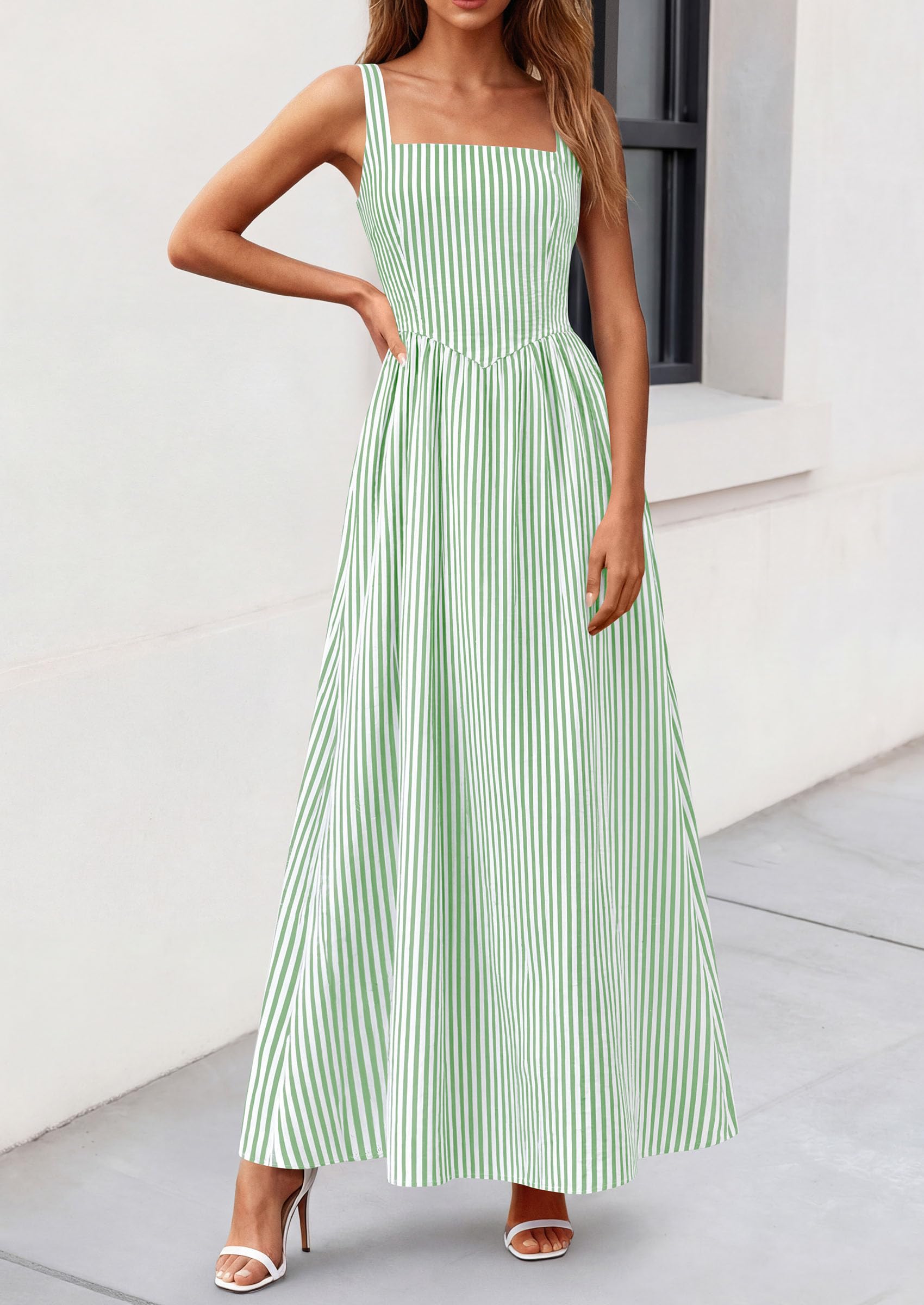 PRETTYGARDEN Women's Maxi Striped Dress Summer Sleeveless Square Neck Smocked A Line Long Flowy Spring Vacation Sundress PRETTYGARDEN