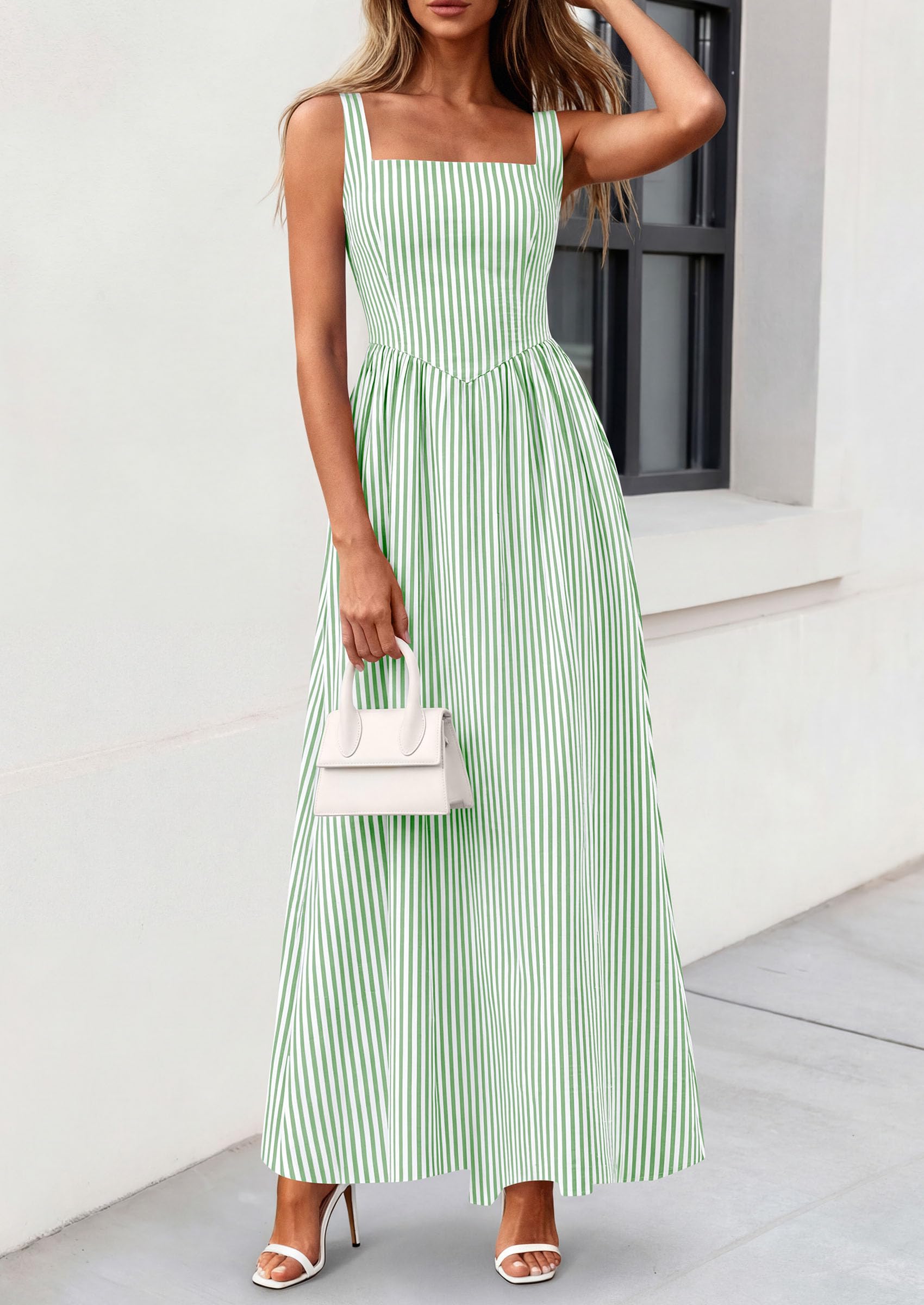 PRETTYGARDEN Women's Maxi Striped Dress Summer Sleeveless Square Neck Smocked A Line Long Flowy Spring Vacation Sundress PRETTYGARDEN