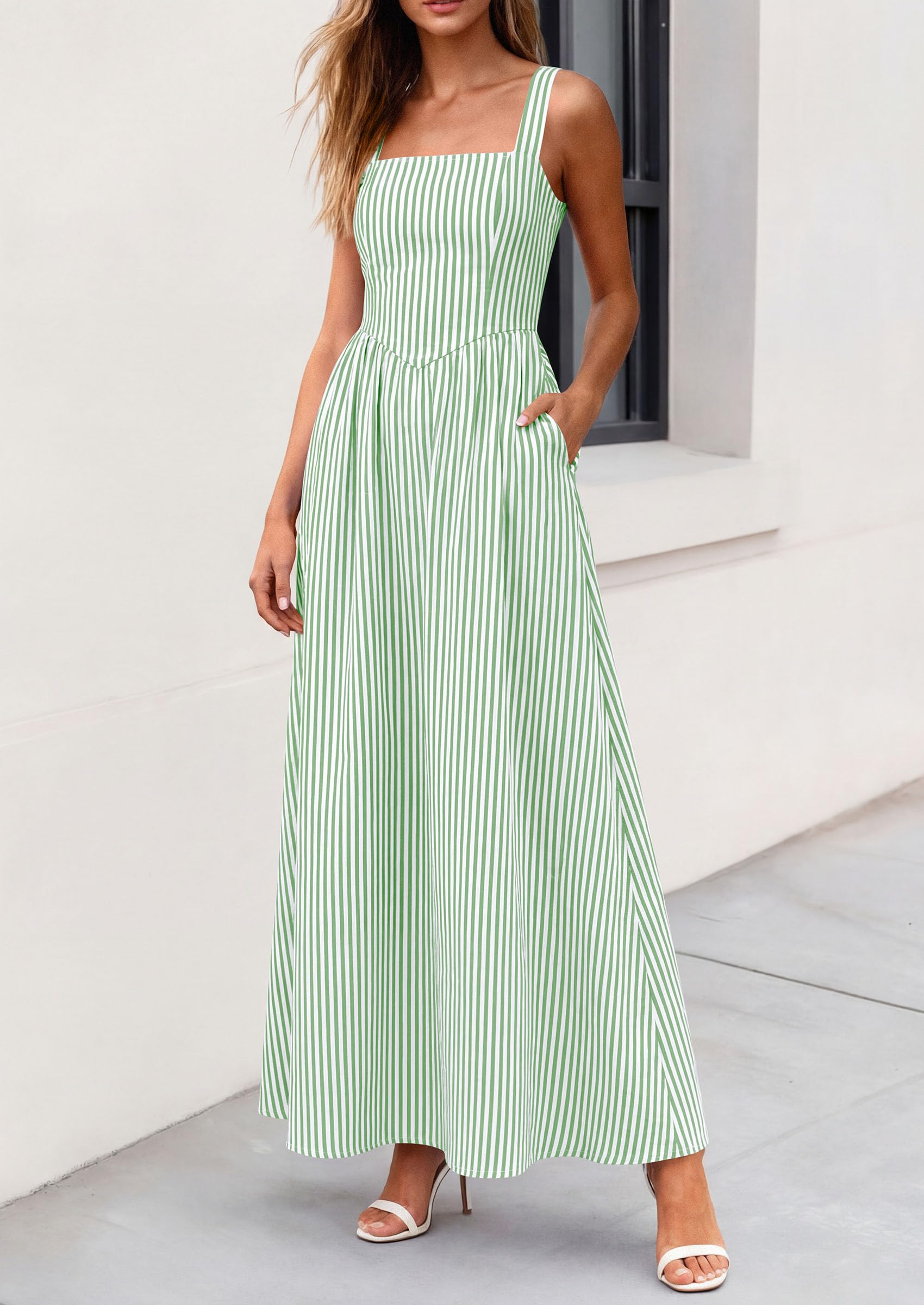 PRETTYGARDEN Women's Maxi Striped Dress Summer Sleeveless Square Neck Smocked A Line Long Flowy Spring Vacation Sundress PRETTYGARDEN