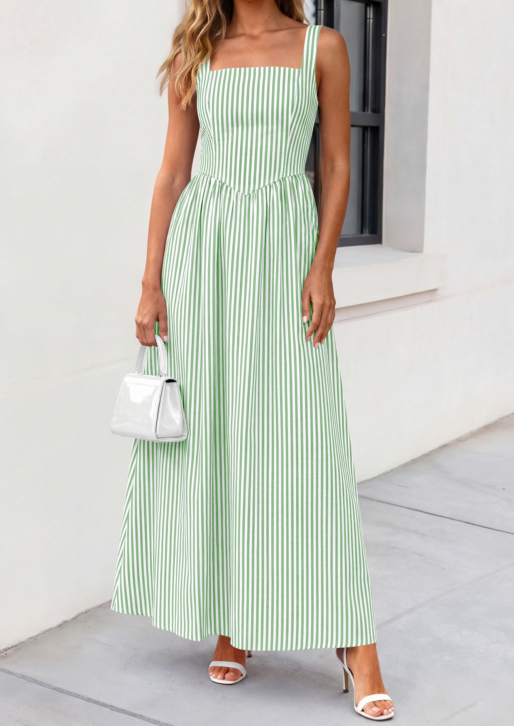 PRETTYGARDEN Women's Maxi Striped Dress Summer Sleeveless Square Neck Smocked A Line Long Flowy Spring Vacation Sundress PRETTYGARDEN