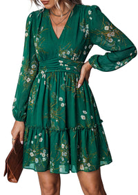 PRETTYGARDEN Women Floral Long Sleeve Mini Dress | Fall Wedding Guest Dresses, V Neck, Fit & Flare, Ruffle Hem A-Line, Short Chiffon Dress, Elegant Holiday Party, Date Outfits