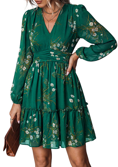 PRETTYGARDEN Women Floral Long Sleeve Mini Dress | Fall Wedding Guest Dresses, V Neck, Fit & Flare, Ruffle Hem A-Line, Short Chiffon Dress, Elegant Holiday Party, Date Outfits