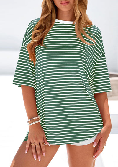 PRETTYGARDEN Womens Oversied Cute Tops Casual Striped Short Sleeve Shirt Women Trendy Spring Fashion Basic Tees Blouse PRETTYGARDEN