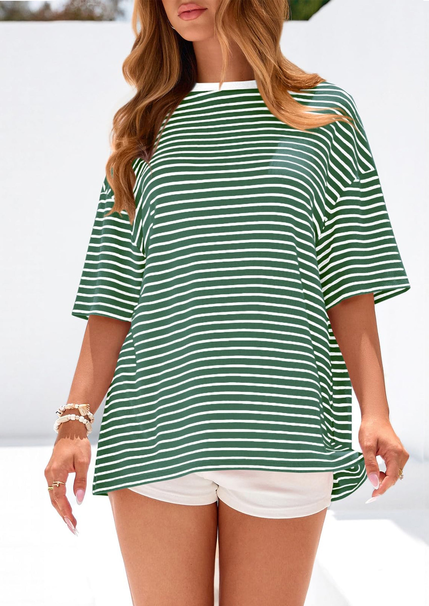 PRETTYGARDEN Womens Oversied Cute Tops Casual Striped Short Sleeve Shirt Women Trendy Spring Fashion Basic Tees Blouse PRETTYGARDEN