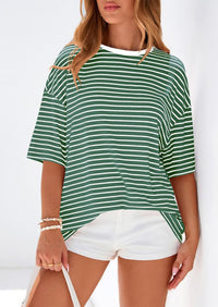 PRETTYGARDEN Womens Oversied Cute Tops Casual Striped Short Sleeve Shirt Women Trendy Spring Fashion Basic Tees Blouse PRETTYGARDEN