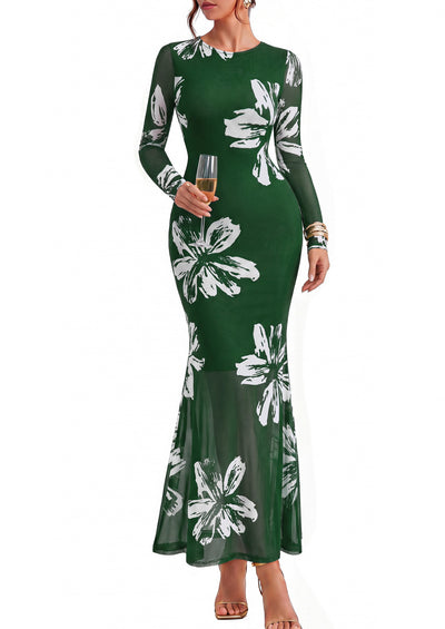 PRETTYGARDEN Womens Floral Mesh Long Sleeve Maxi Dresses 2026 Fall Wedding Guest Formal Cocktail Party Holiday Bodycon Dress
