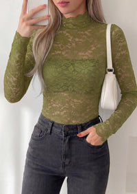 PRETTYGARDEN Womens Lace Long Sleeve Top Mesh Sheer Blouses Mock Neck See Through Slim Fitted Tops Fall Fashion Clothes