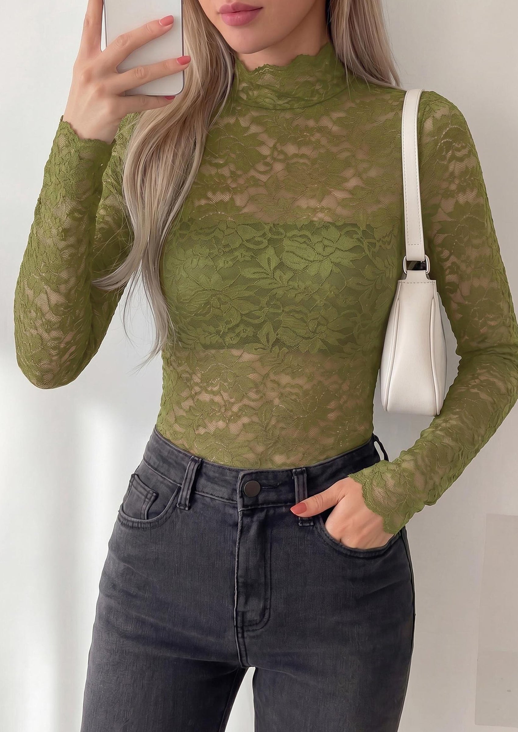 PRETTYGARDEN Womens Lace Long Sleeve Top Mesh Sheer Blouses Mock Neck See Through Slim Fitted Tops Fall Fashion Clothes