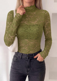 PRETTYGARDEN Womens Lace Long Sleeve Top Mesh Sheer Blouses Mock Neck See Through Slim Fitted Tops Fall Fashion Clothes