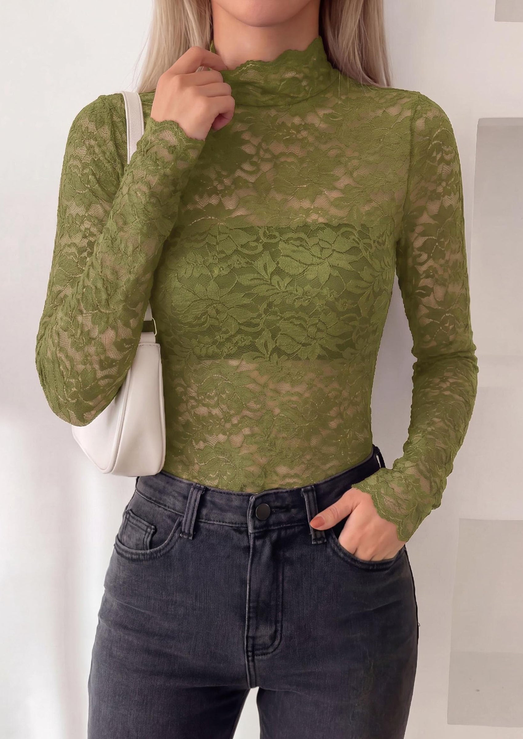 PRETTYGARDEN Womens Lace Long Sleeve Top Mesh Sheer Blouses Mock Neck See Through Slim Fitted Tops Fall Fashion Clothes