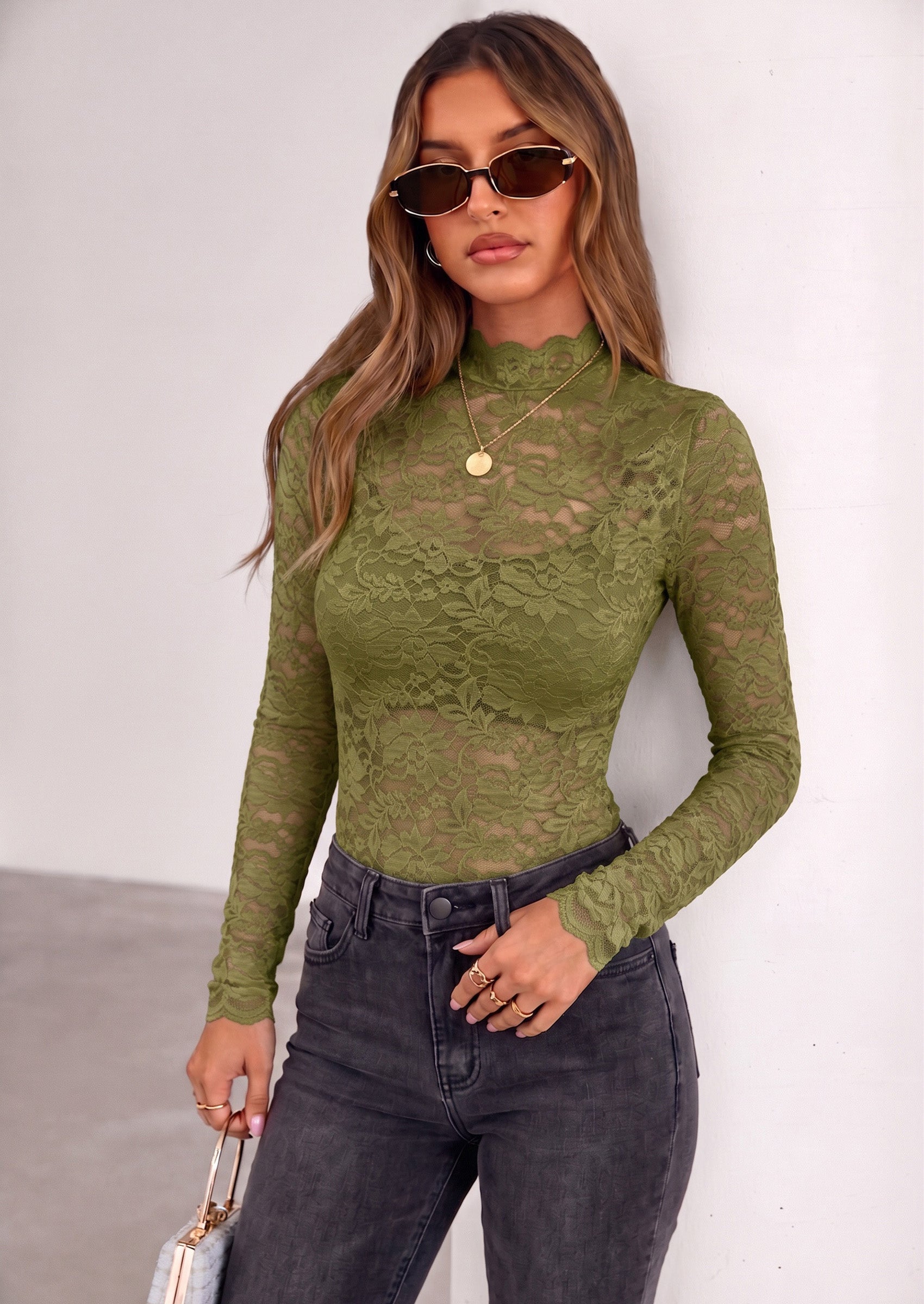 PRETTYGARDEN Womens Lace Long Sleeve Top Mesh Sheer Blouses Mock Neck See Through Slim Fitted Tops Fall Fashion Clothes