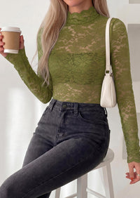 PRETTYGARDEN Womens Lace Long Sleeve Top Mesh Sheer Blouses Mock Neck See Through Slim Fitted Tops Fall Fashion Clothes