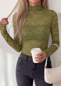 PRETTYGARDEN Womens Lace Long Sleeve Top Mesh Sheer Blouses Mock Neck See Through Slim Fitted Tops Fall Fashion Clothes