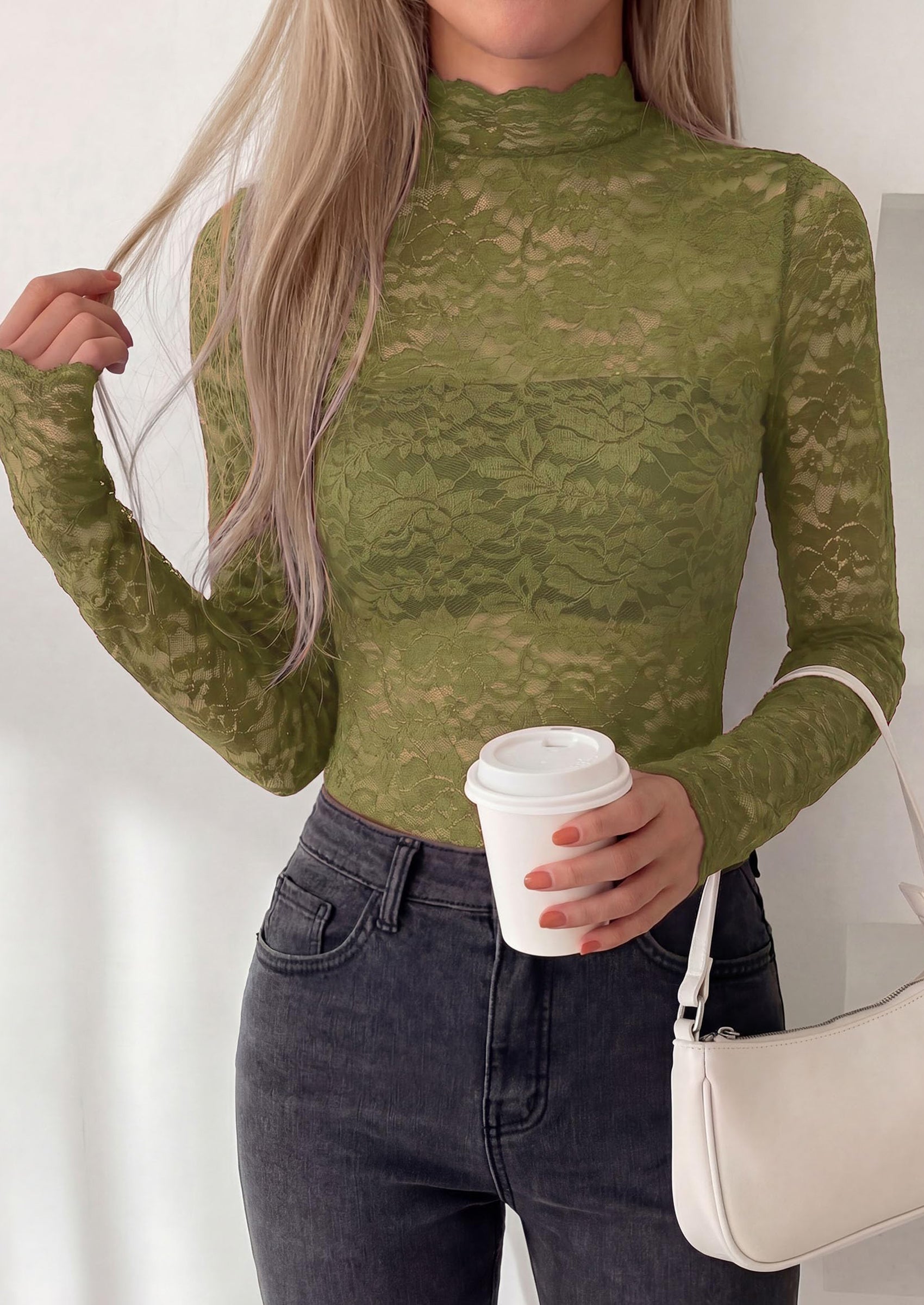 PRETTYGARDEN Womens Lace Long Sleeve Top Mesh Sheer Blouses Mock Neck See Through Slim Fitted Tops Fall Fashion Clothes